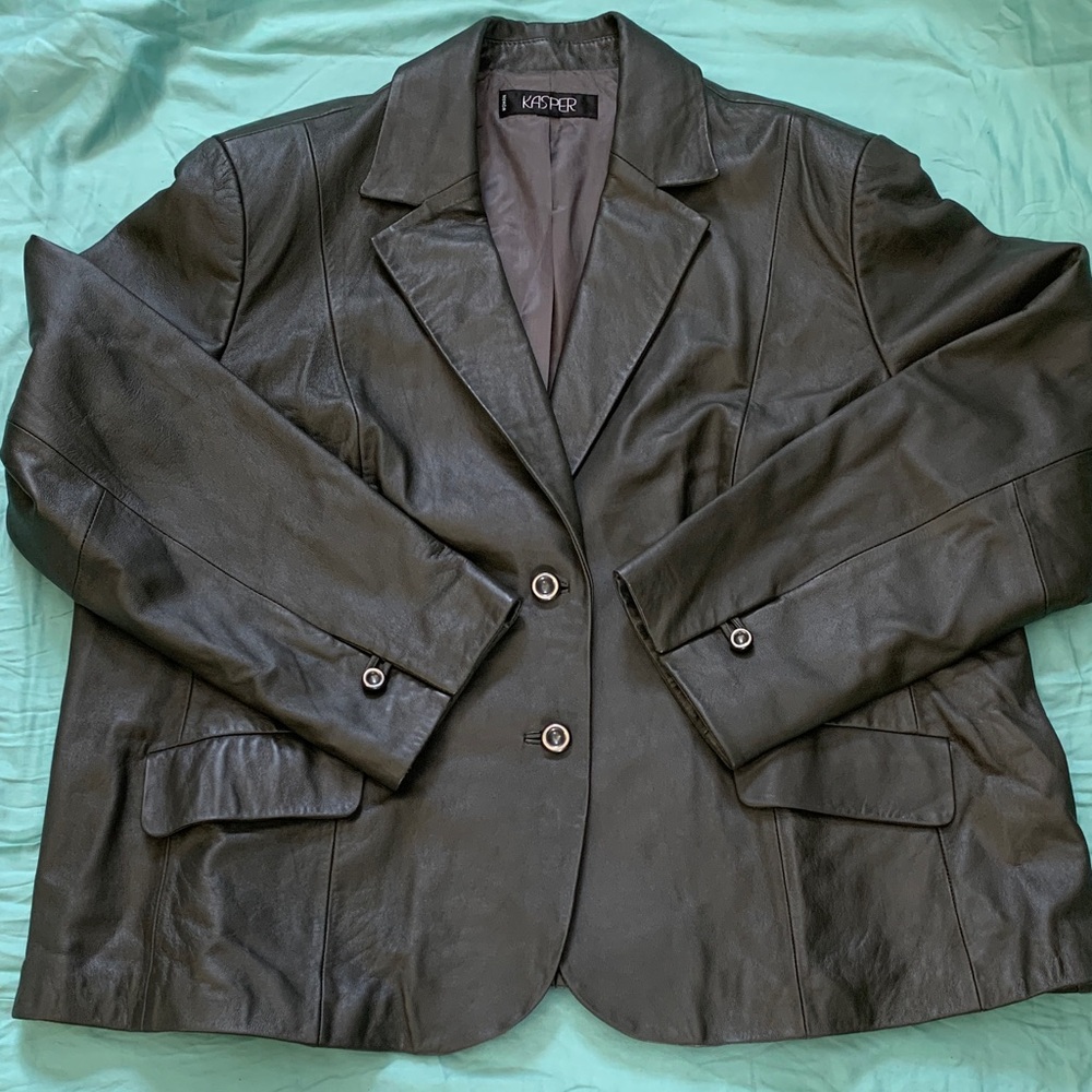 Kasper Dark Grey Leather Blazer Jacket with Notched Lapel